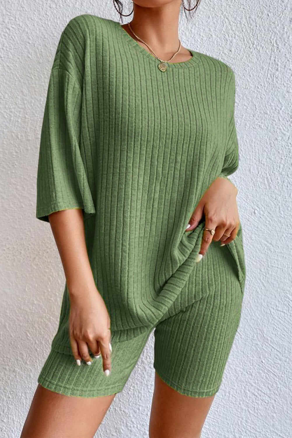 Ribbed Knit V Neck Slouchy Two-piece Outfit