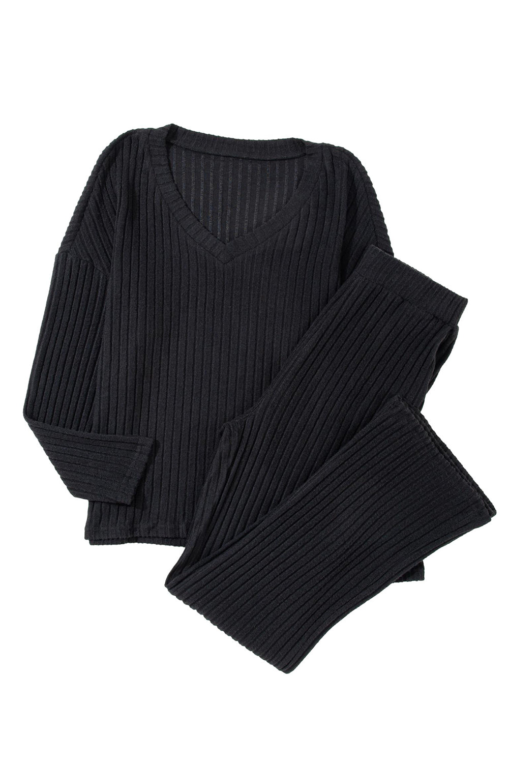 Ribbed Knit V Neck Slouchy Two-piece Outfit