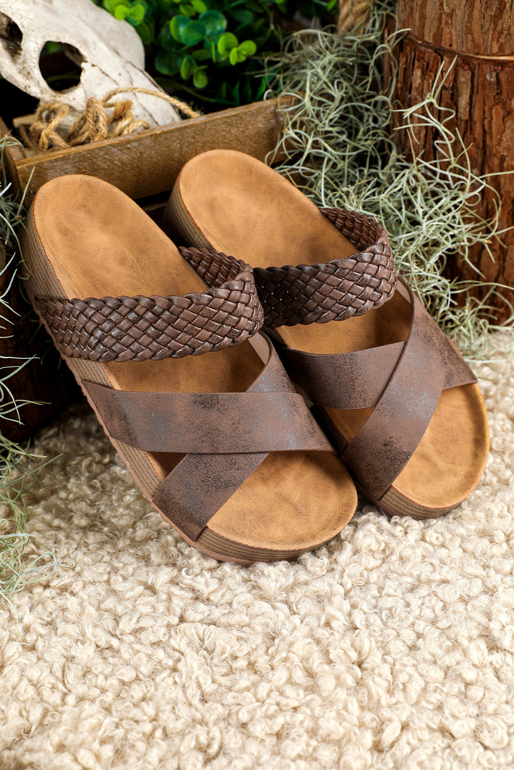 Brown Braided Detail Criss Cross Platform Sandal