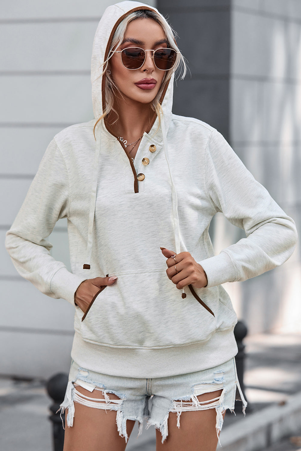 Beige Drawstring Kangaroo Pocket Henley Hoodie