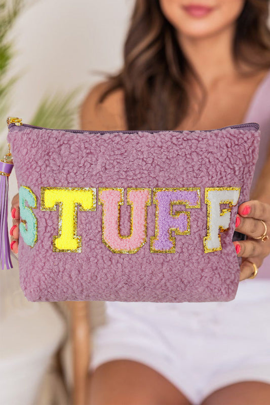 STUFF Sparkle Letter Pattern Tassel Zipper Makeup Bag