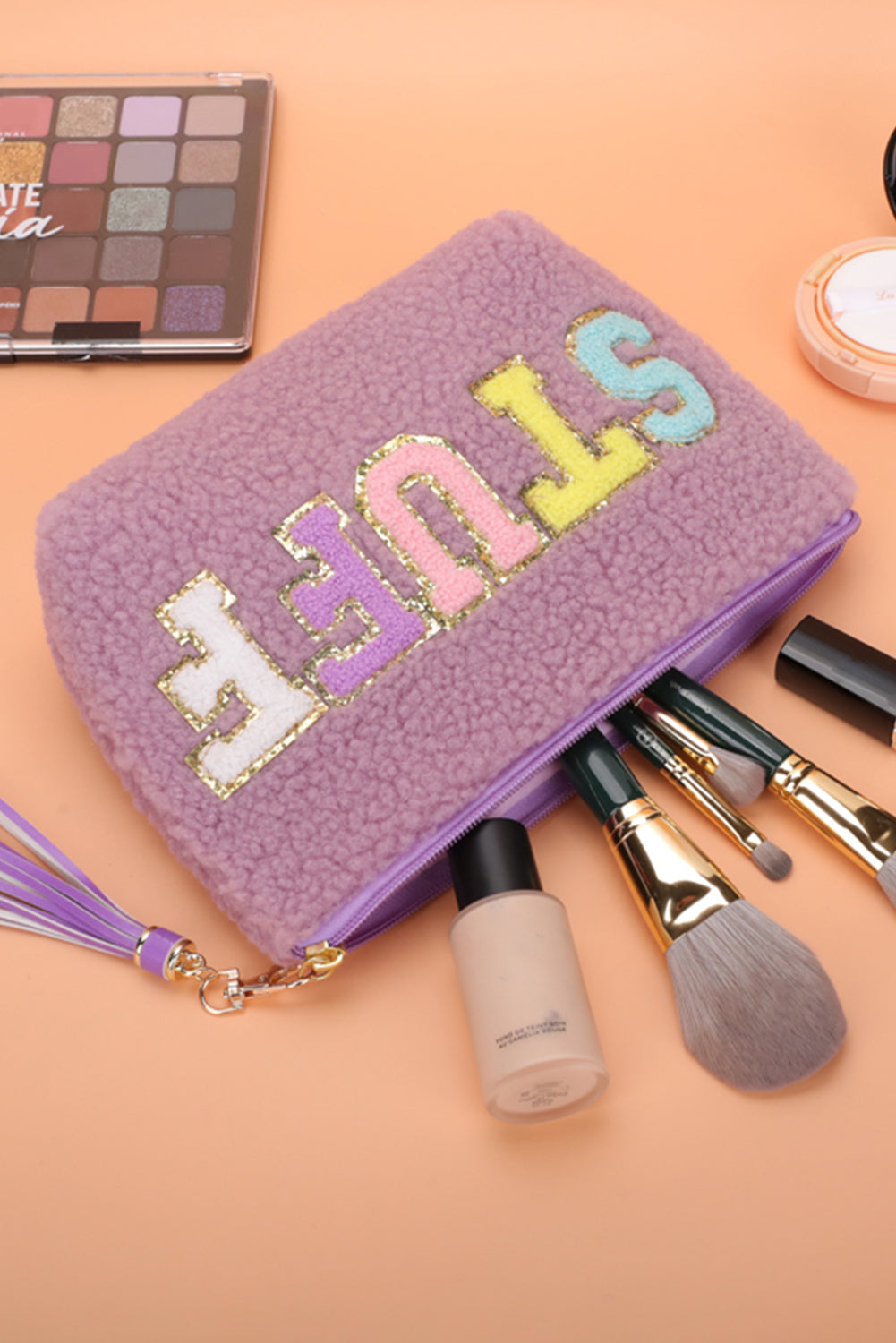 STUFF Sparkle Letter Pattern Tassel Zipper Makeup Bag