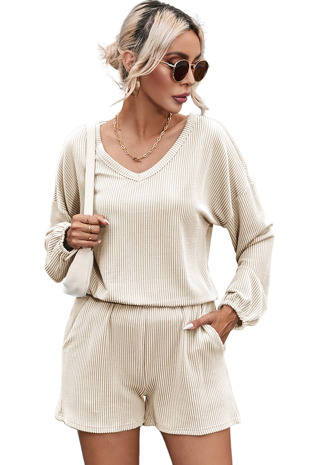 Corded V Neck Slouchy Top Pocketed Shorts Set
