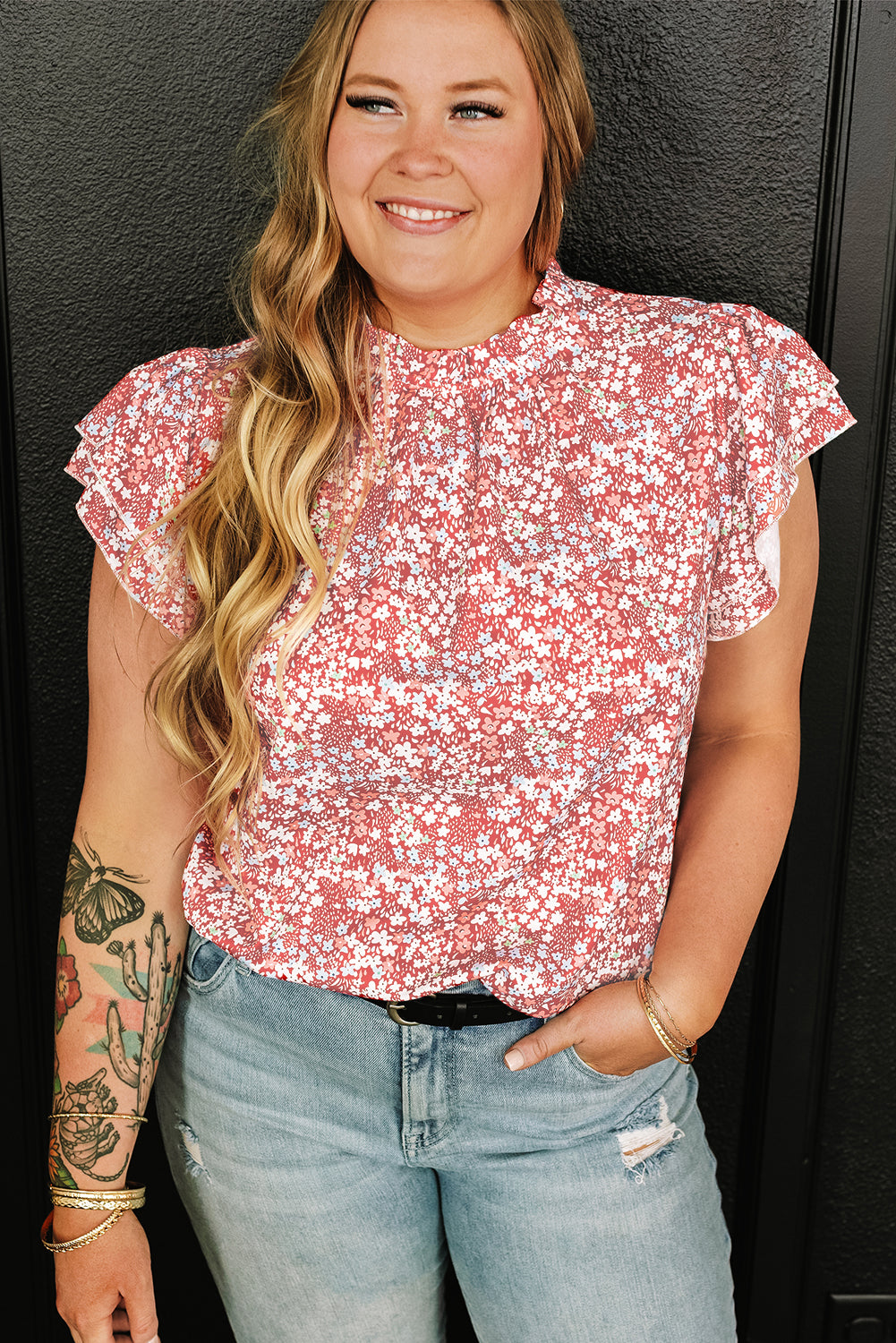 Floral Print Ruffled Sleeve Frilled Neck Blouse