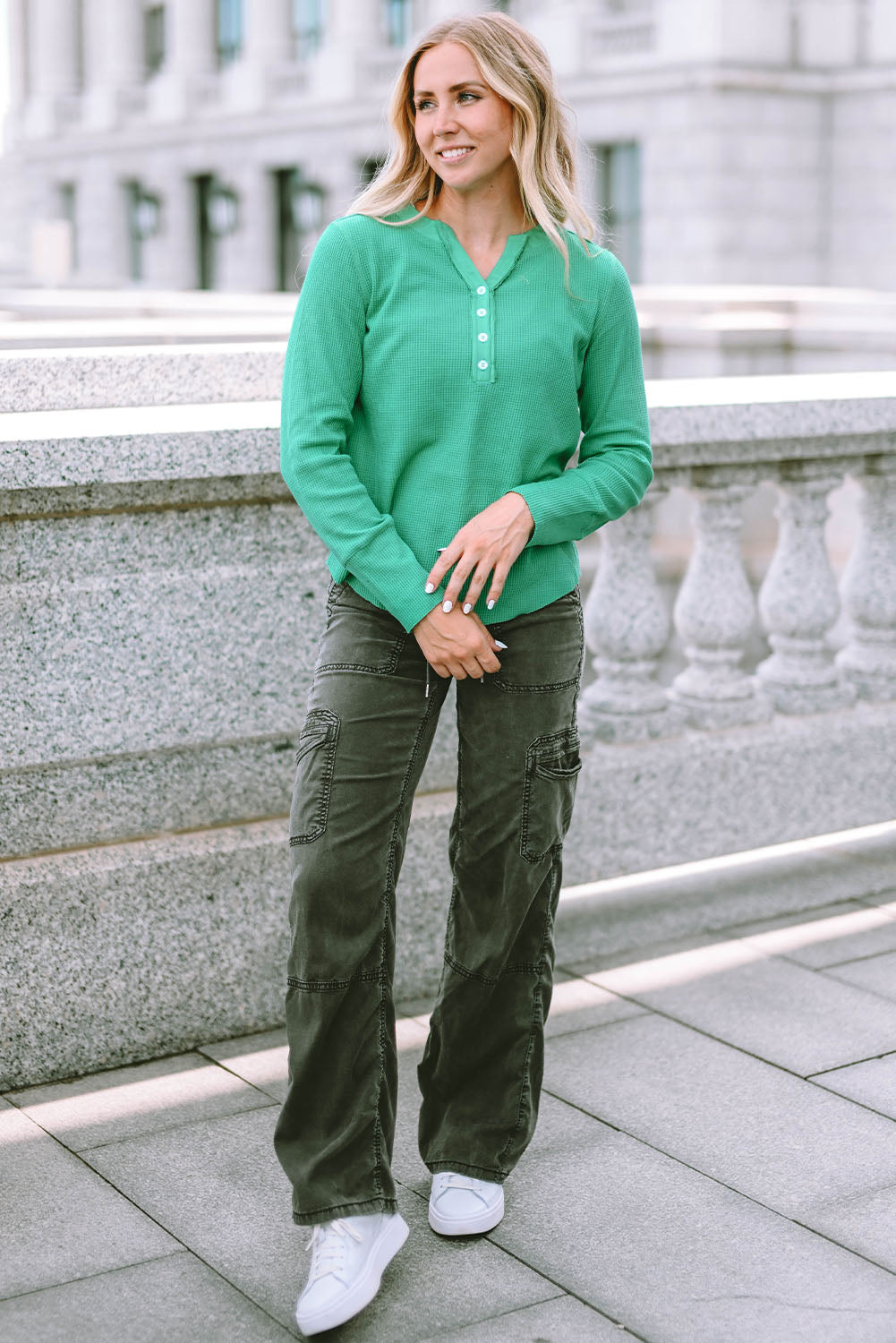 Gray Trimmed Neckline Waffle Knit Henley Top