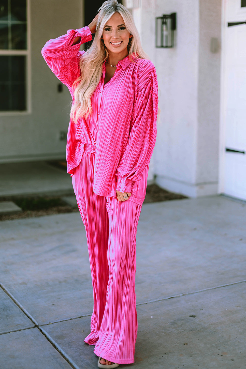 Pleated Shirt and High Waist Shorts Lounge Set
