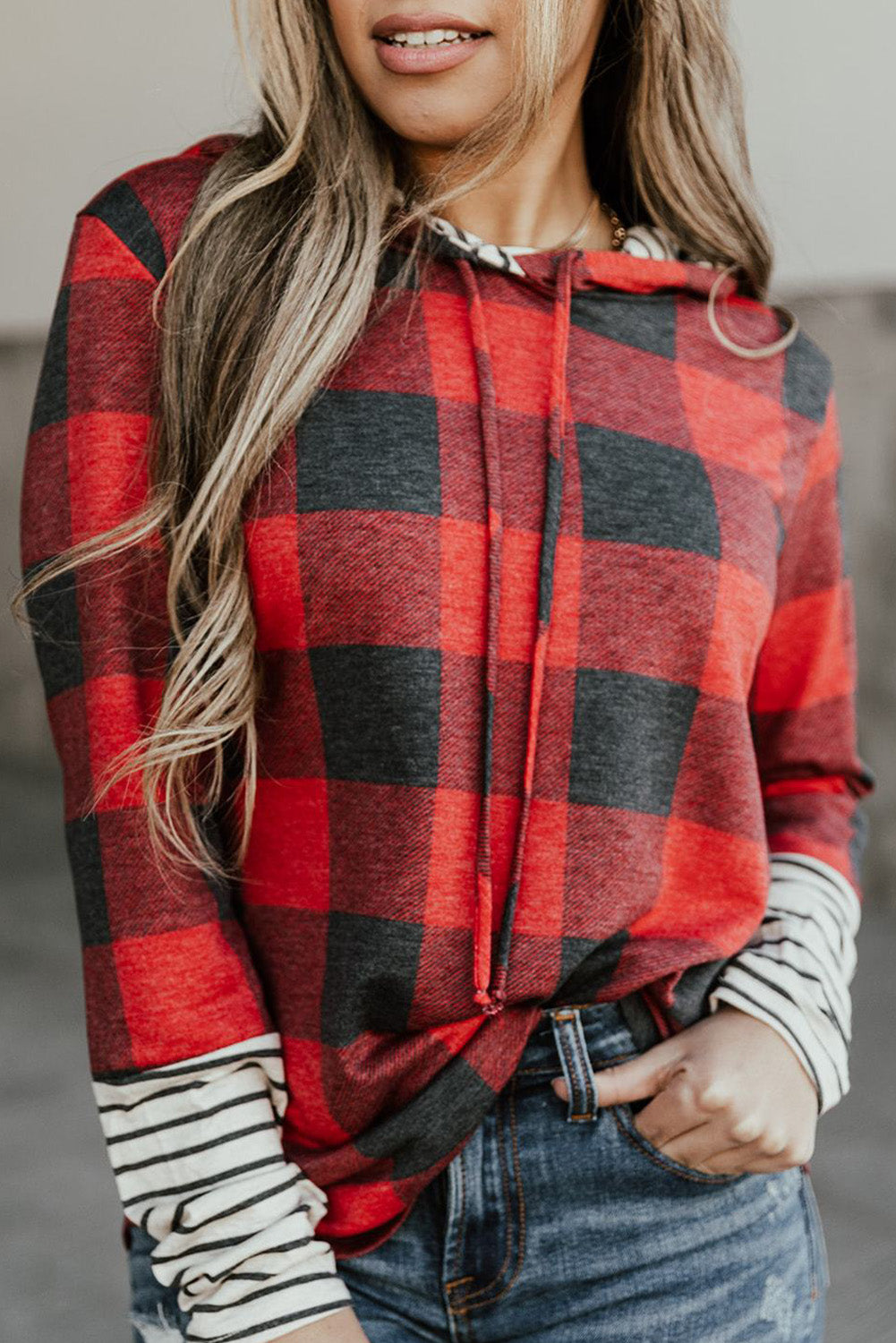 Fiery Red Plaid Patch Sleeve Leopard Christmas Tree Graphic Hoodie