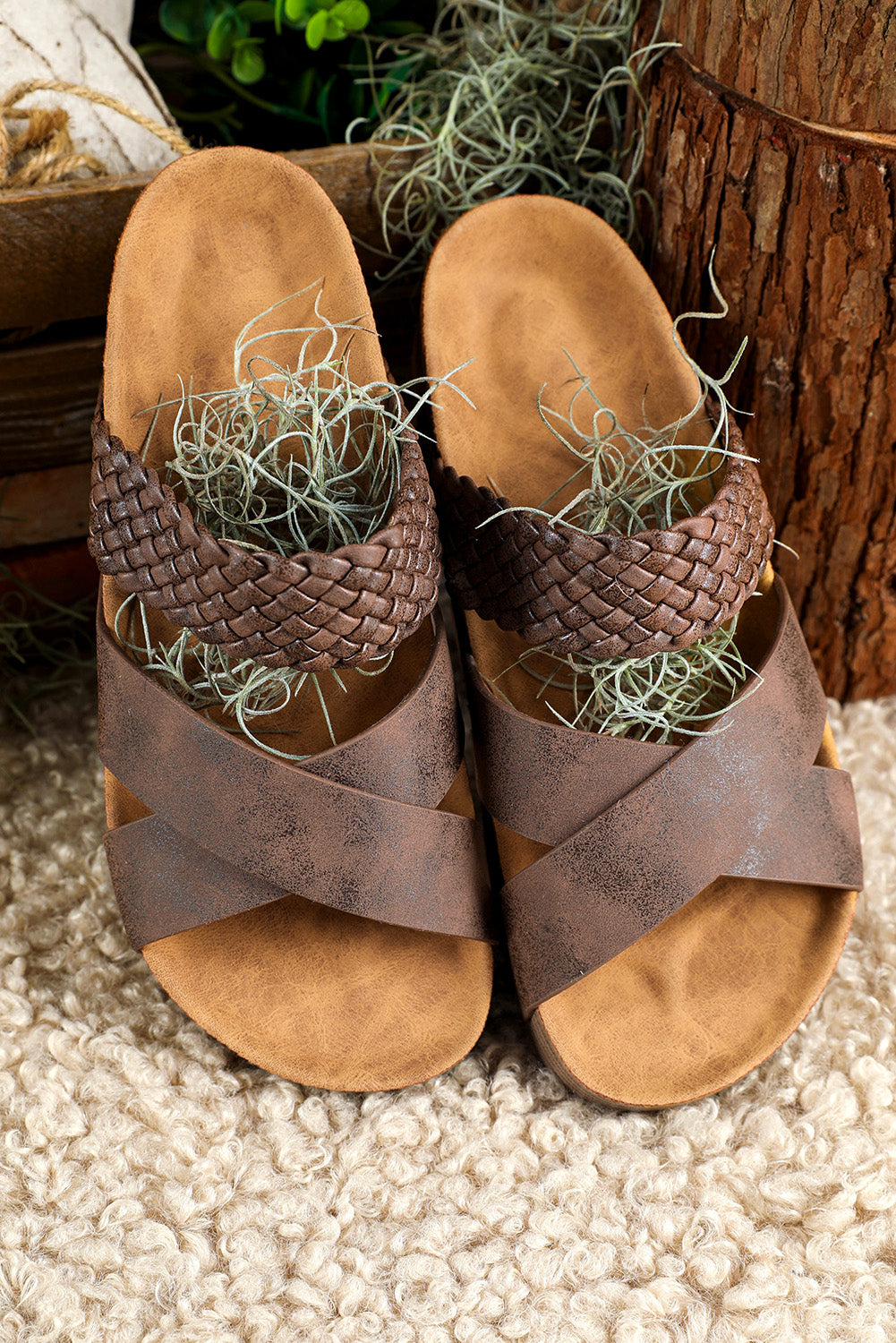 Brown Braided Detail Criss Cross Platform Sandal