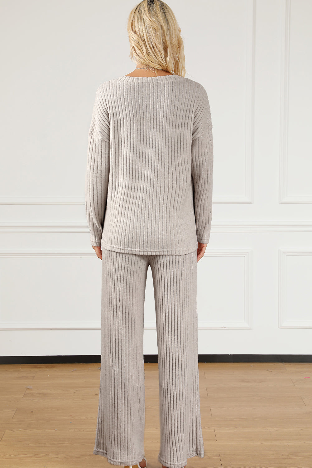 Ribbed Knit V Neck Slouchy Two-piece Outfit