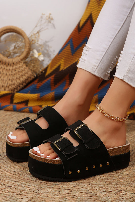 Black Suede Buckle Decor Footbed Sandal