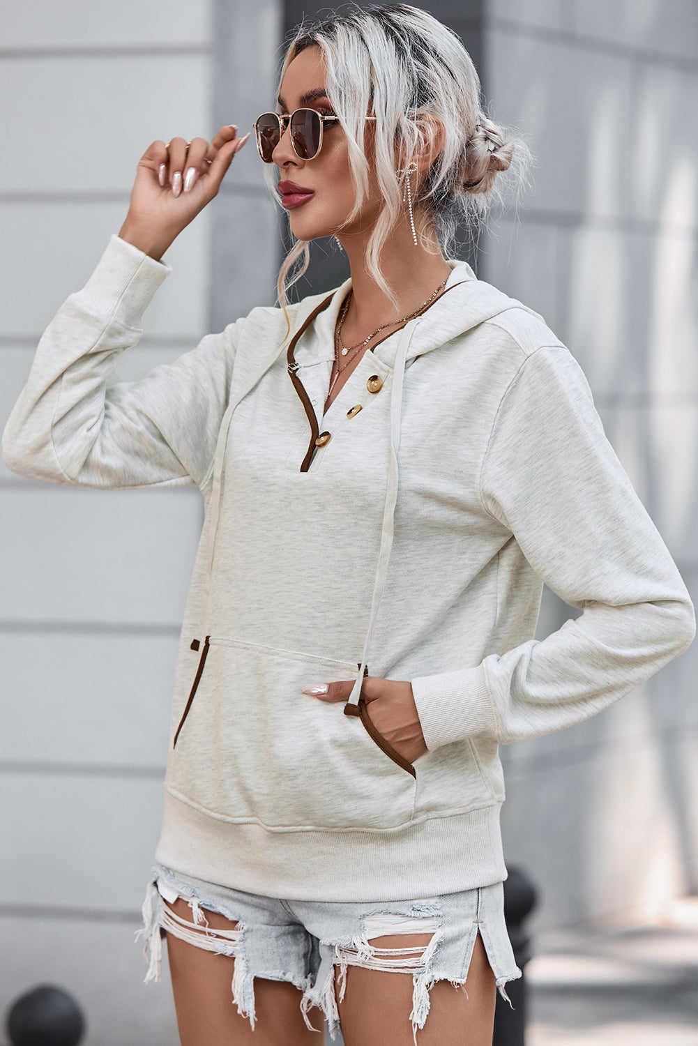 Beige Drawstring Kangaroo Pocket Henley Hoodie