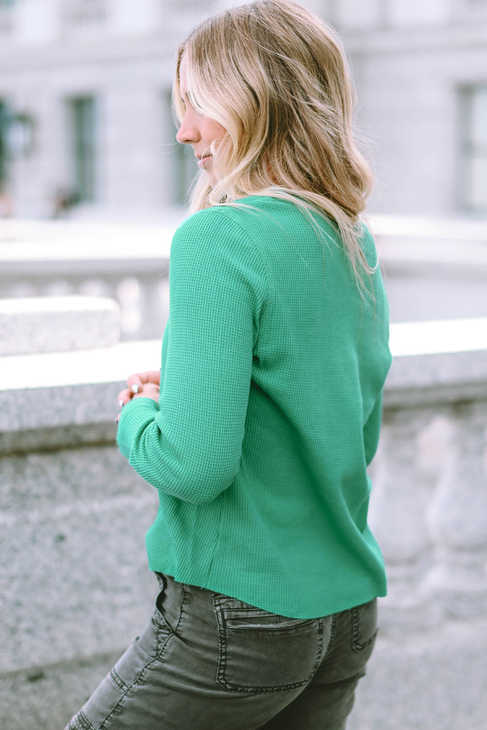 Gray Trimmed Neckline Waffle Knit Henley Top