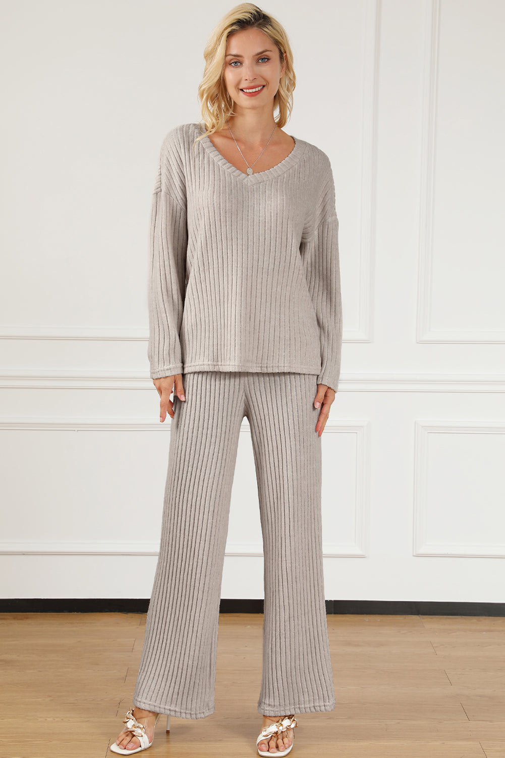 Ribbed Knit V Neck Slouchy Two-piece Outfit