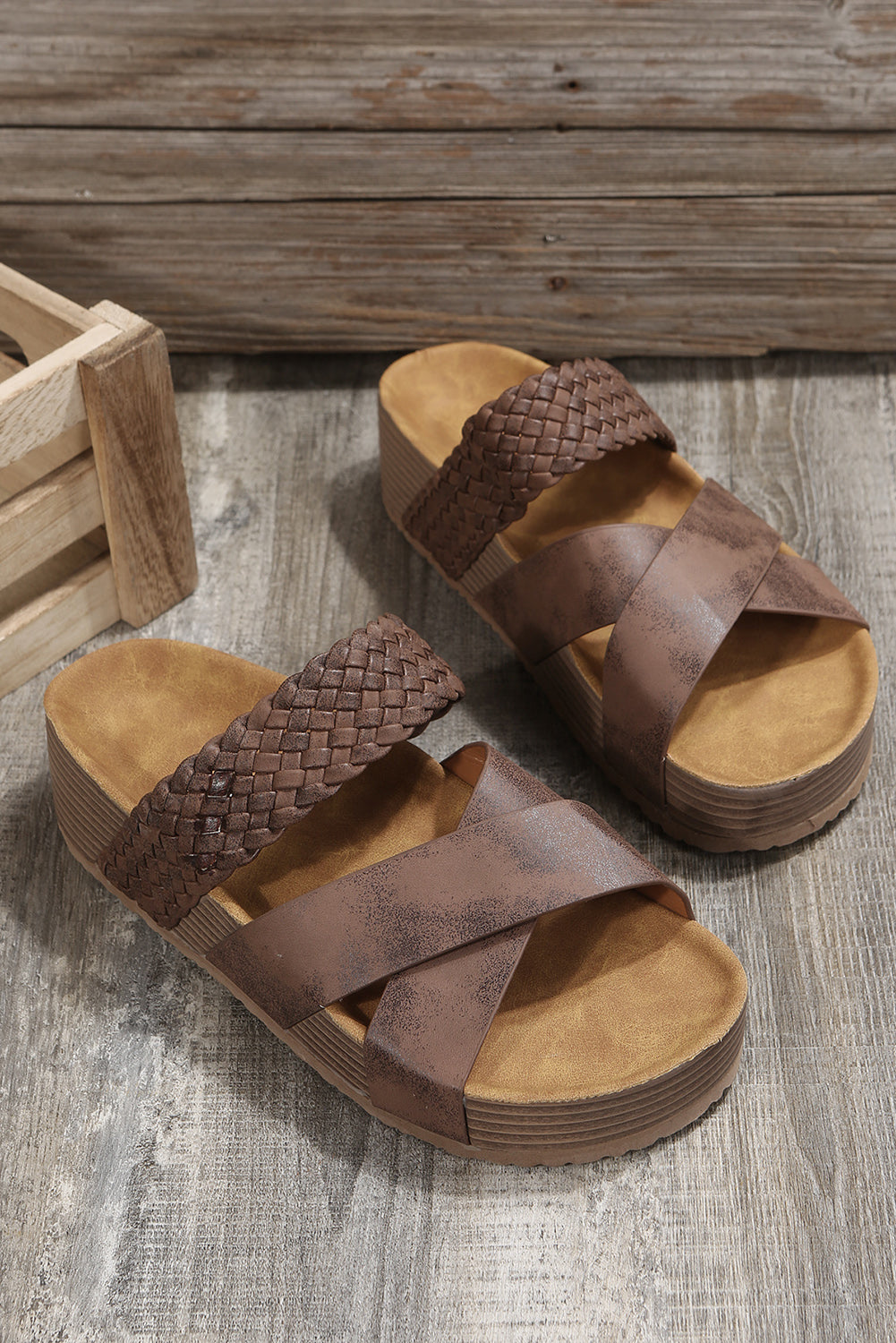 Brown Braided Detail Criss Cross Platform Sandal