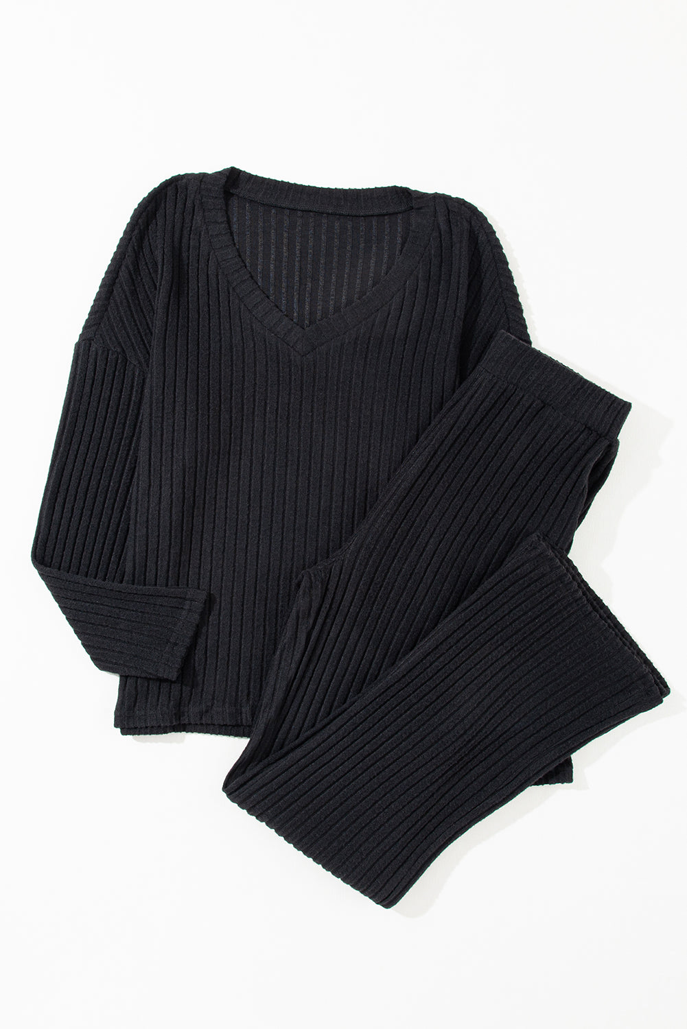 Ribbed Knit V Neck Slouchy Two-piece Outfit