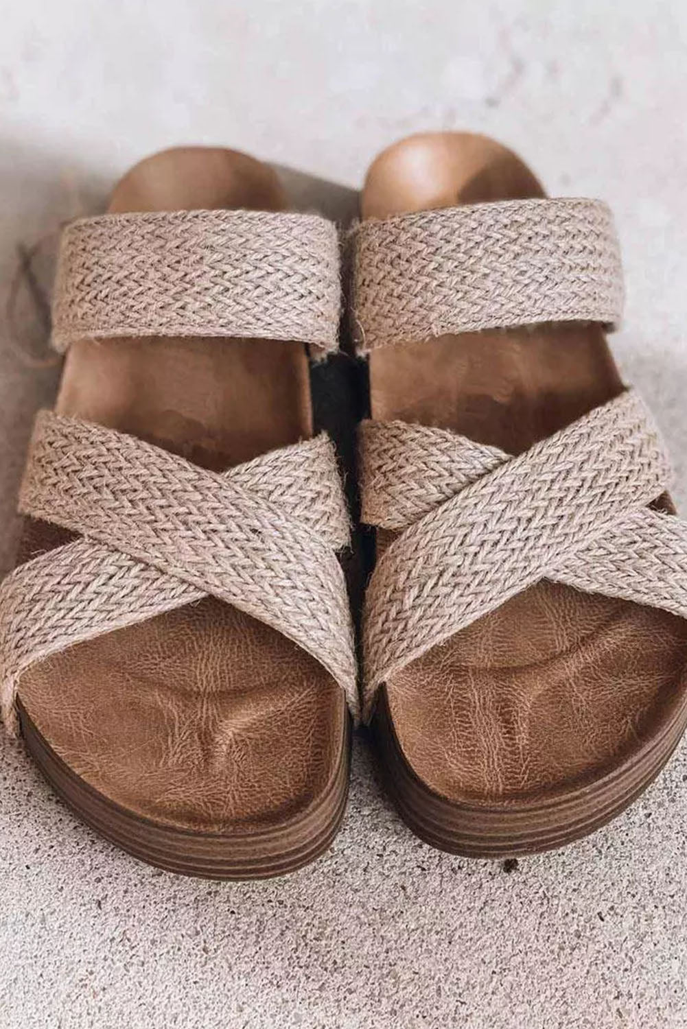 Beige Woven Cross Criss Hollowed Slip-On Sandal