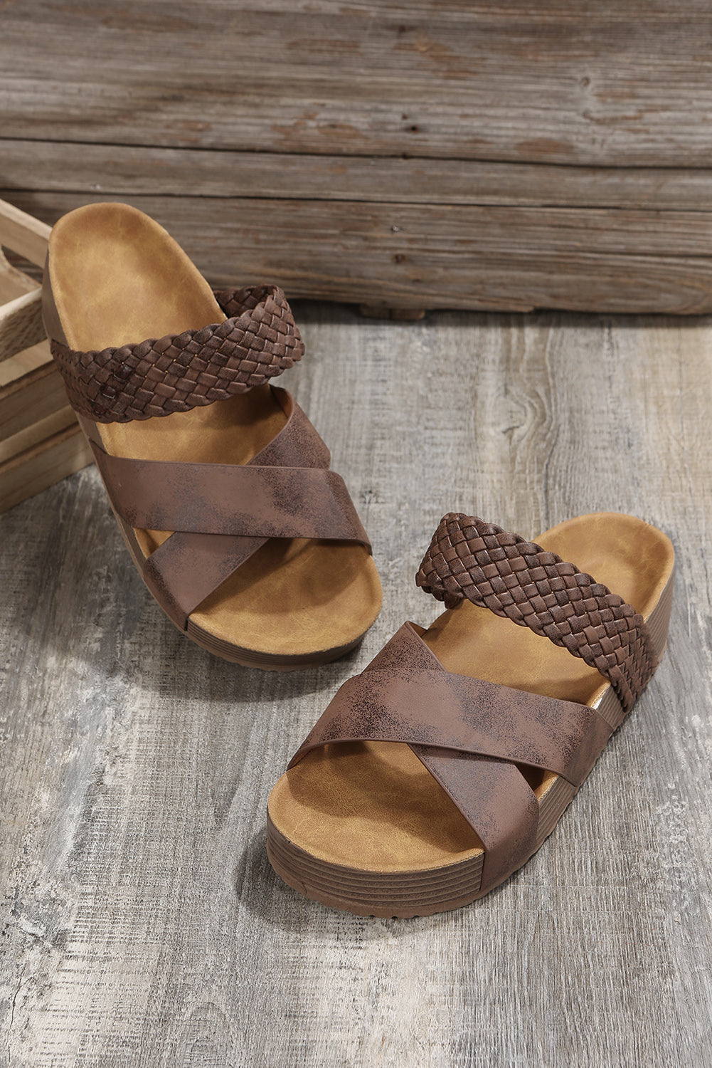 Brown Braided Detail Criss Cross Platform Sandal