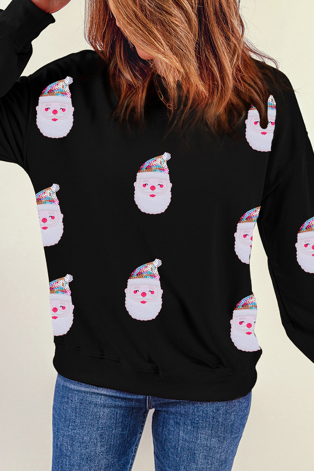 Black Christmas Santa Clause Patterned Graphic Sweatshirt