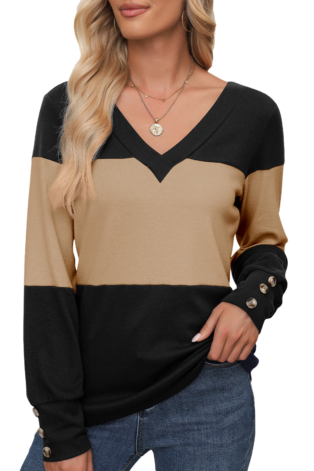 Colorblock Button Decor Cuffs V Neck Top