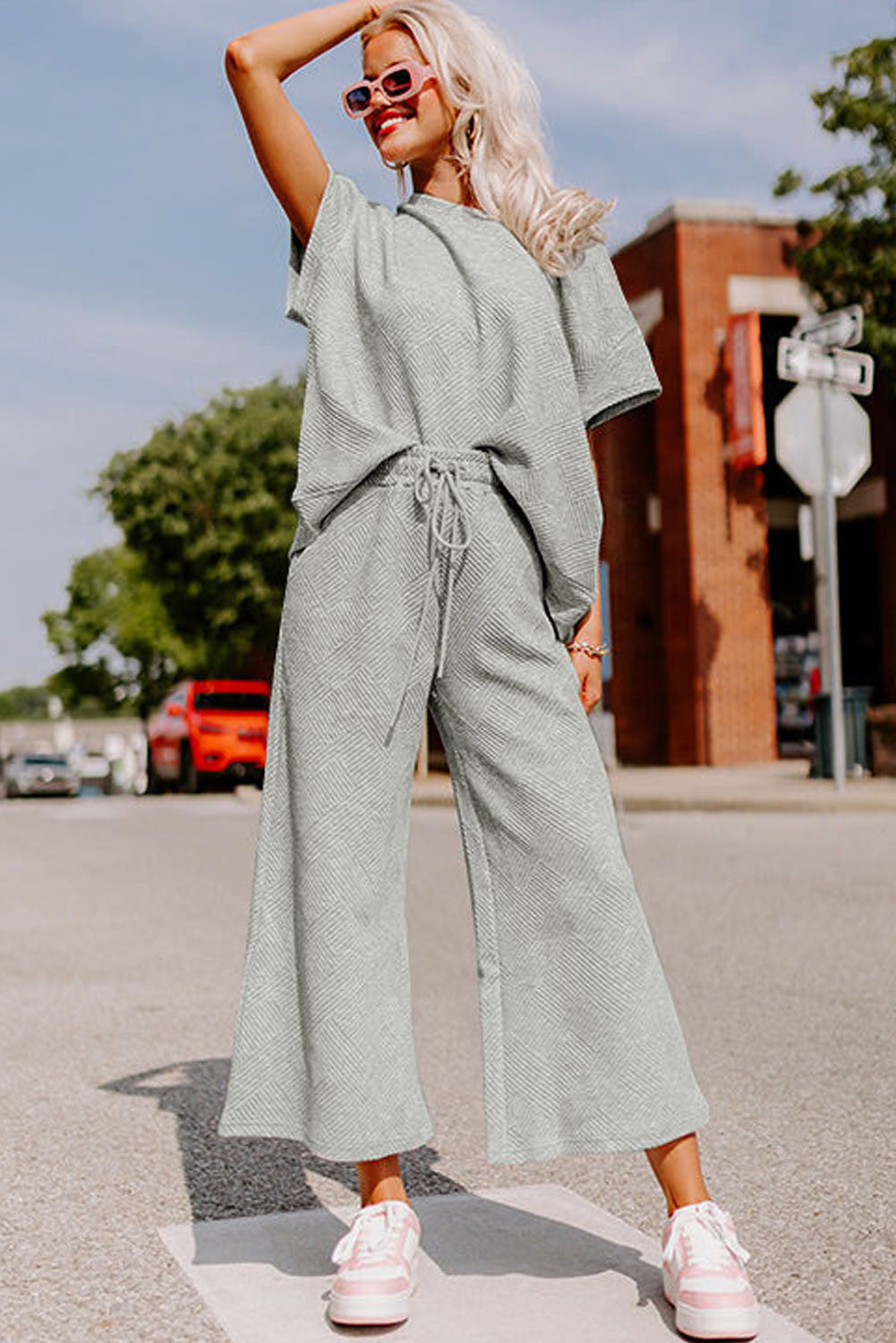 White Textured Long Sleeve Top and Drawstring Shorts Set