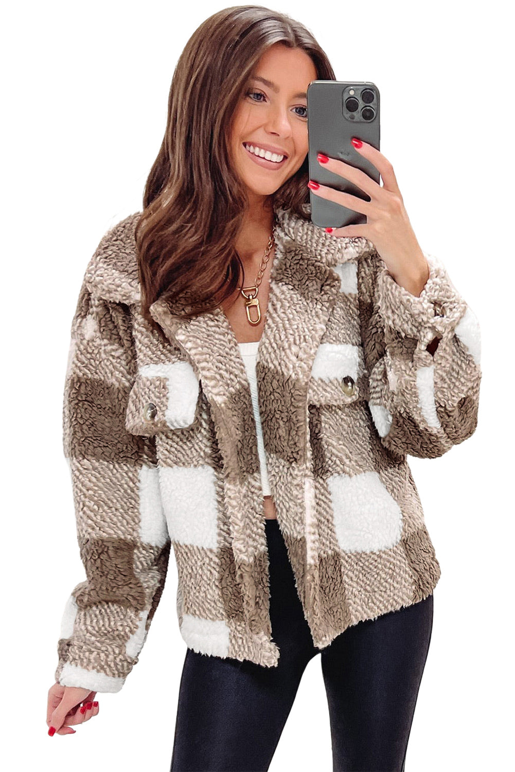 Plaid Buttoned Collared Sherpa Jacket