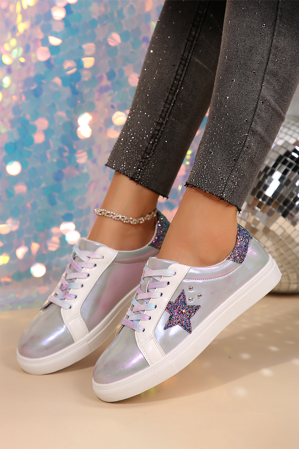 Silvery Star Sequin Patchwork Criss Cross Lace Up Sneakers