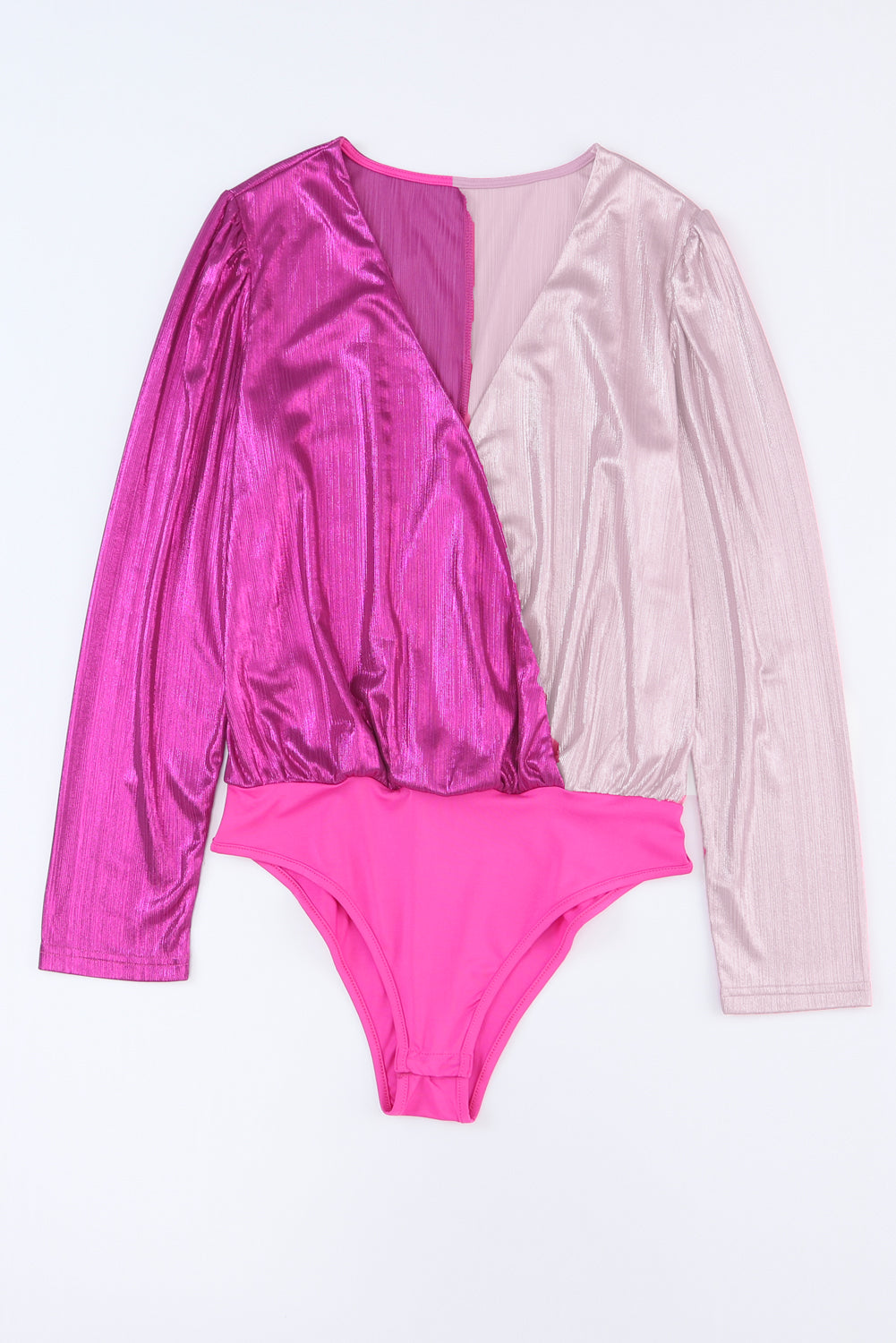 Rose Sparkle Color Block V-Neck Long Sleeve Bodysuit