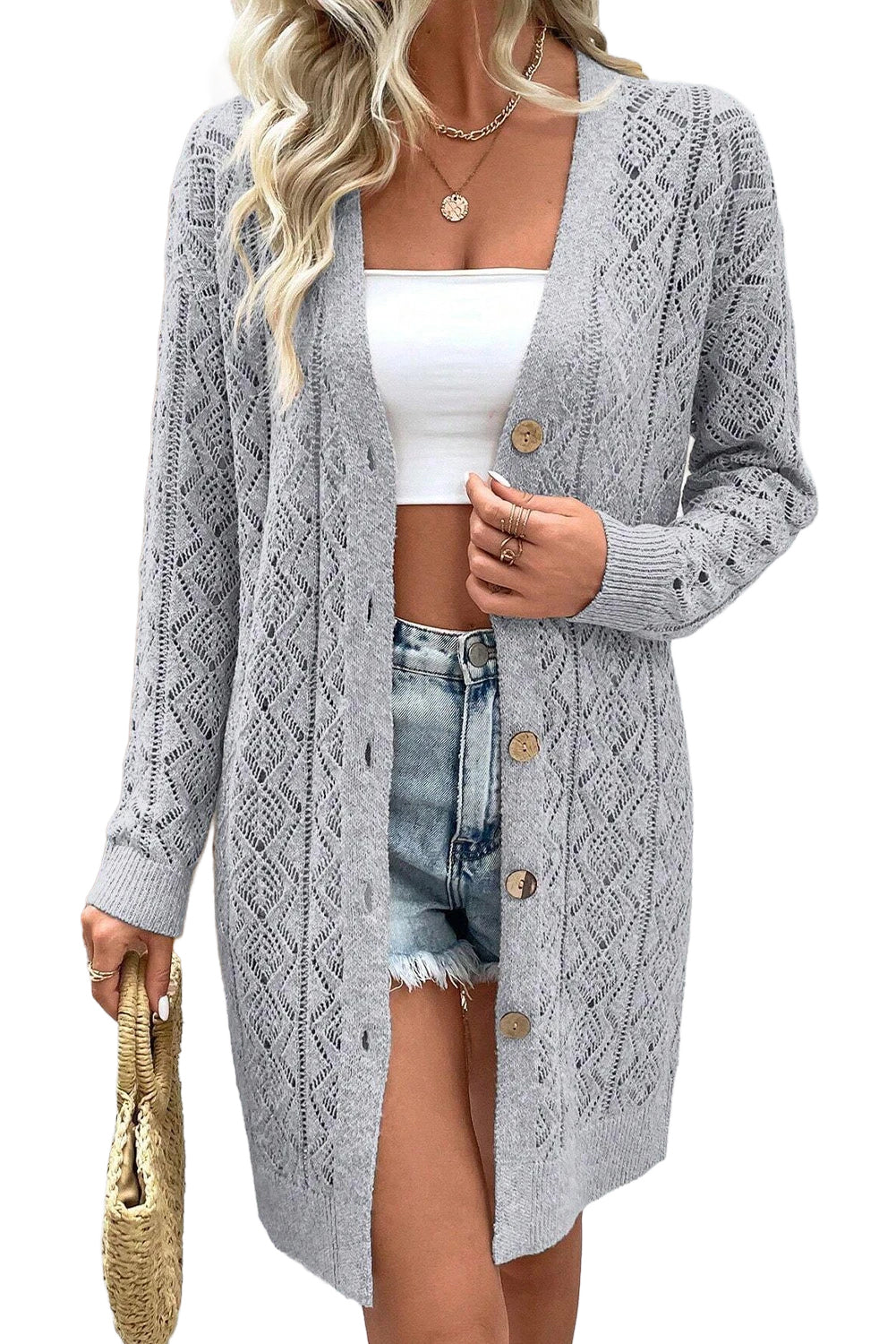 Hollow Out Button Front Long Cardigan