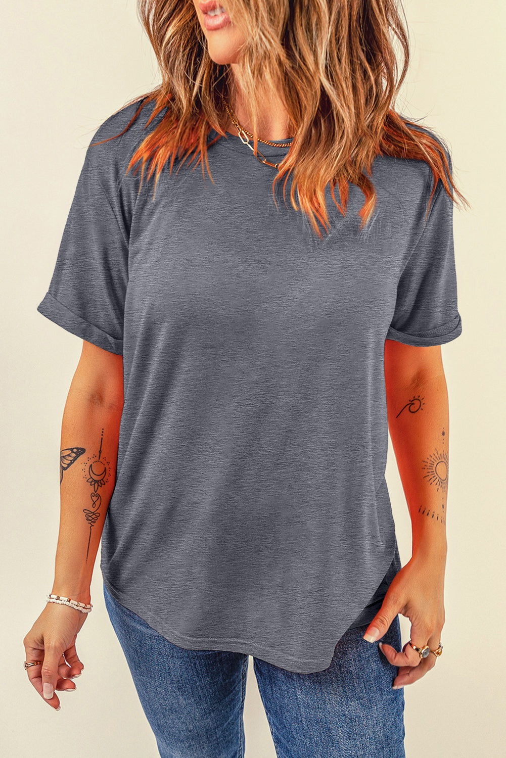 Gray Casual Plain Crew Neck Tee