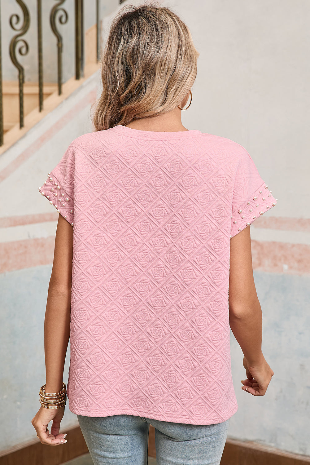 Light Pink Rose Floral Textured Pearl Beaded Top