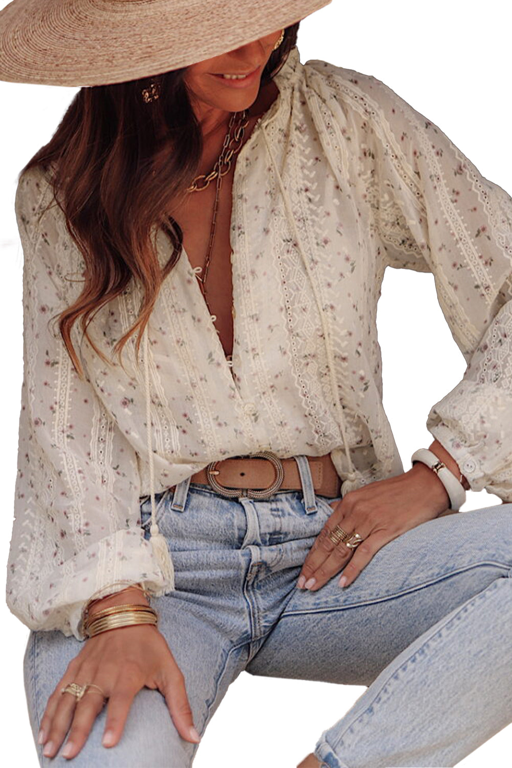 Ditsy Floral Lace Applique Bubble Sleeve Blouse