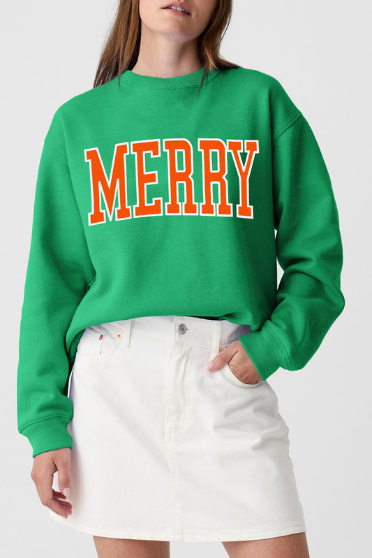 Green MERRY Graphic Drop Shoulder Pullover Sweatshirt