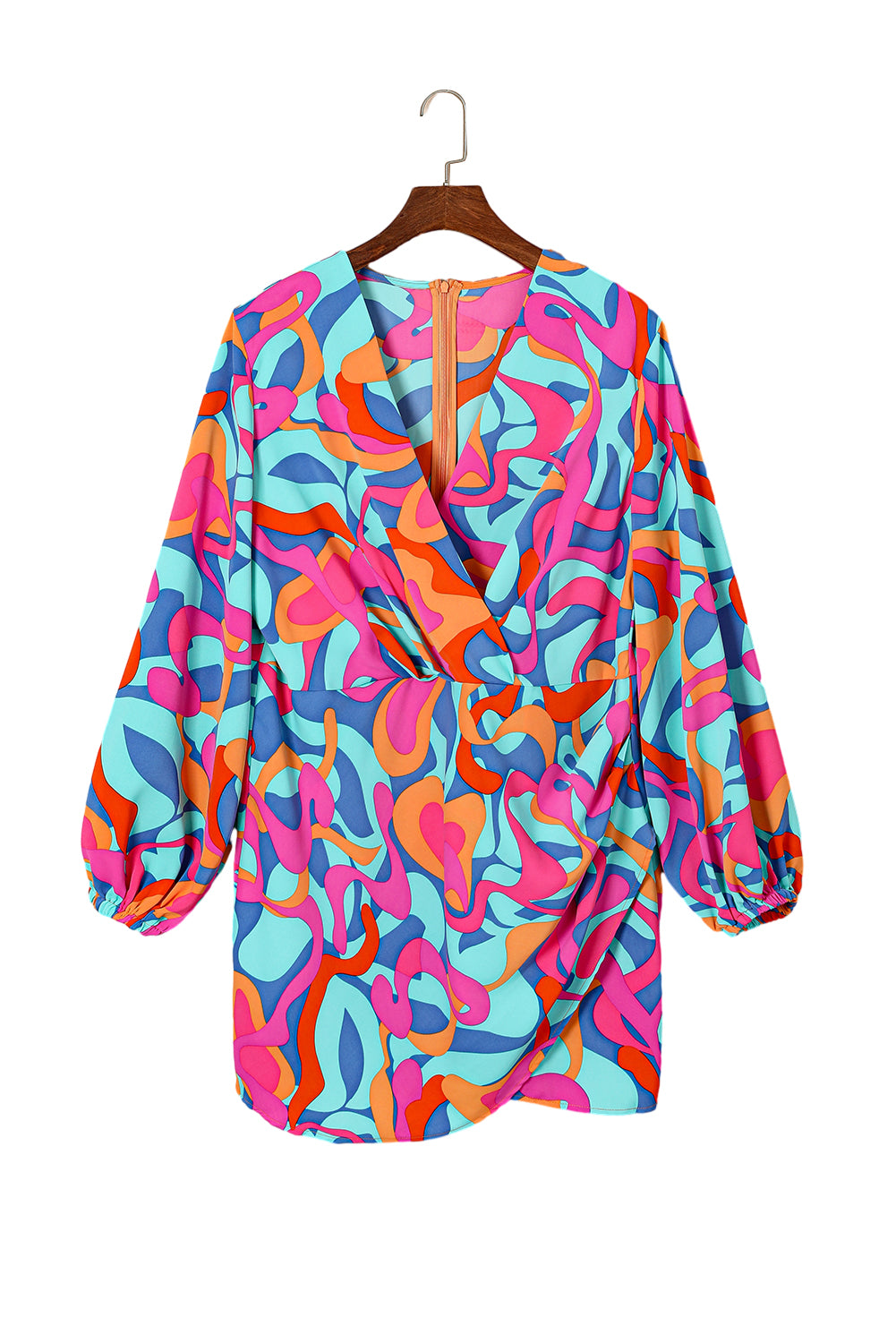 Abstract Print Pleated Surplice Long Sleeve Dress