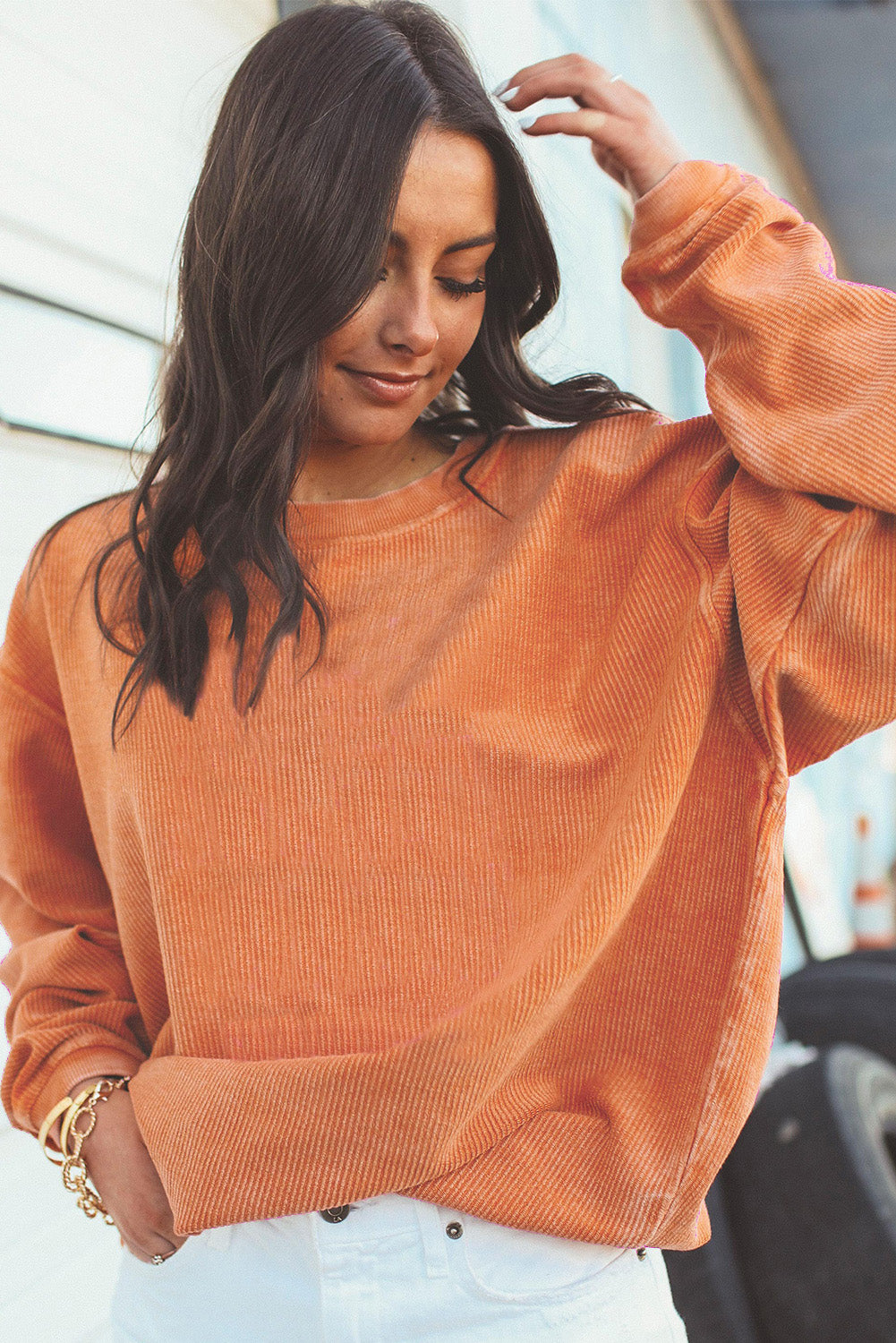 Orange HELLO PUMPKIN Letter Graphic Corded Sweatshirt