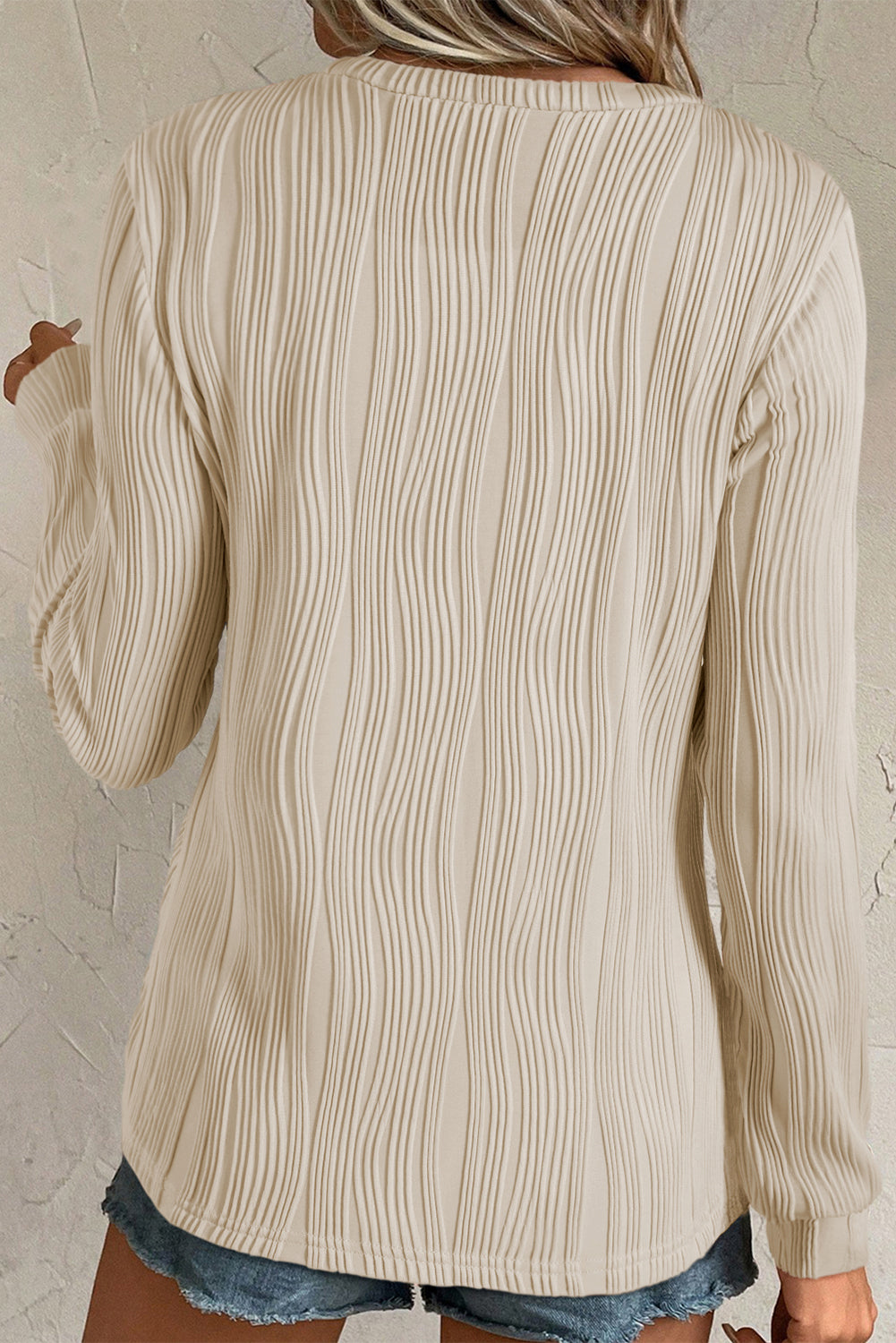 Wavy Textured Solid Color Drop Shoulder Pullover Top