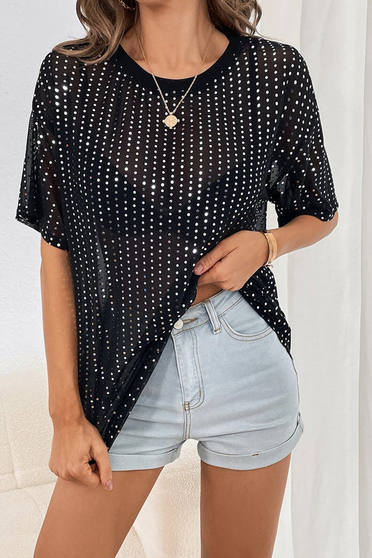 Sequin Drop Shoulder Sheer T-shirt