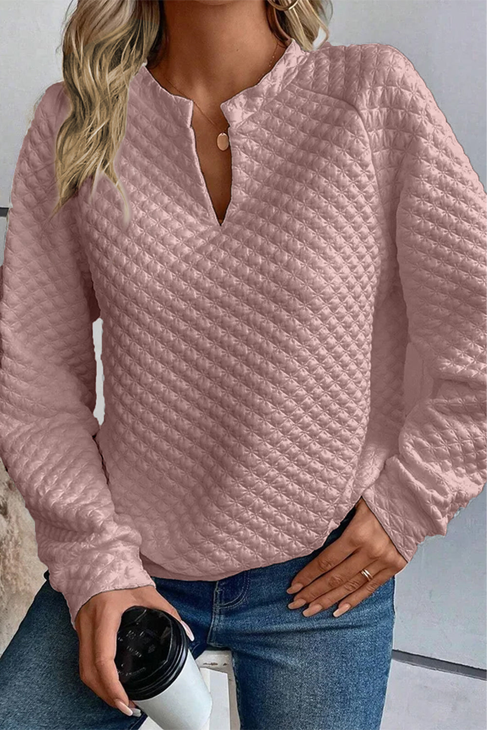 Quilted V-Neck Solid Color Long Sleeve Top