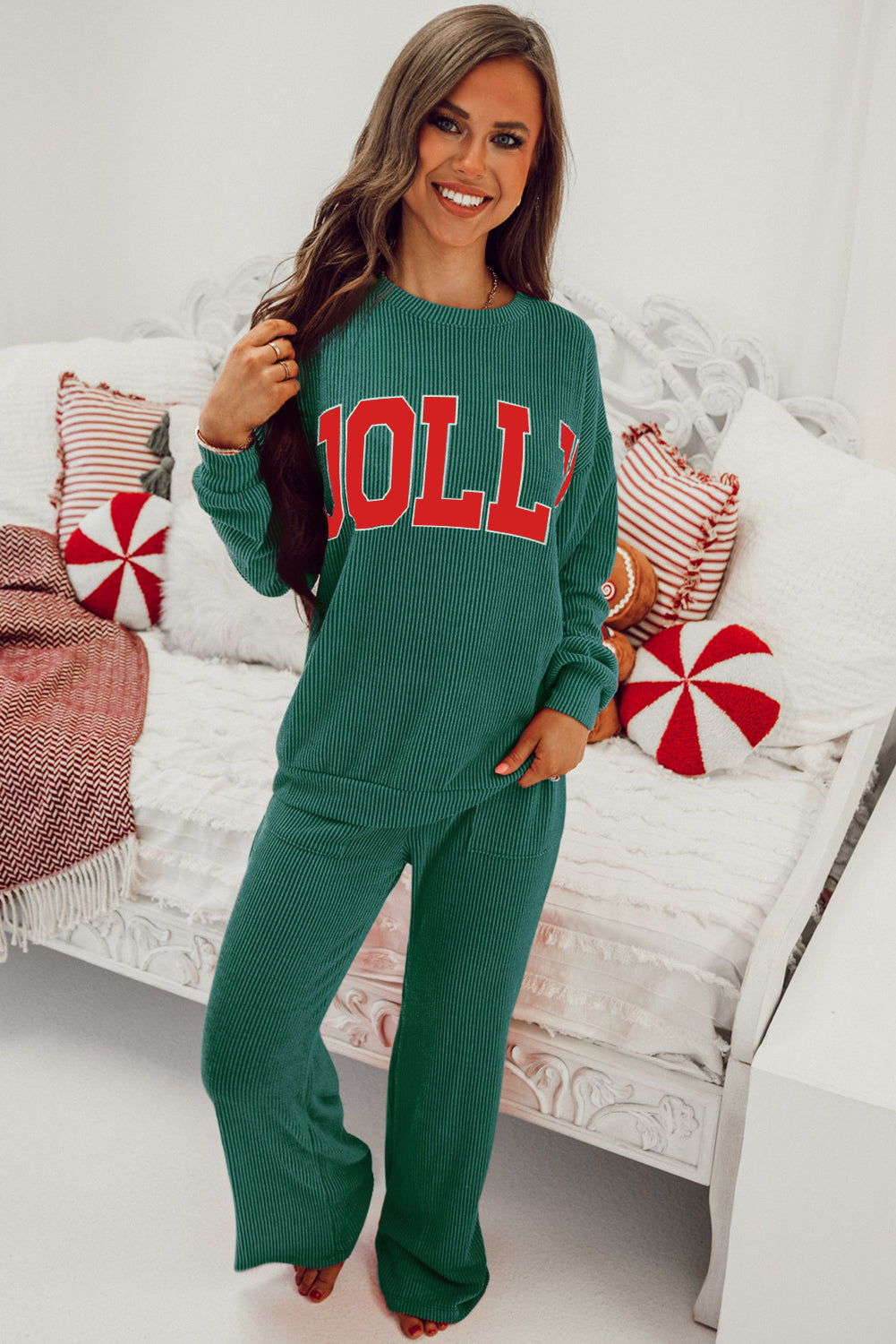 Crinkle Rib JOLLY Pattern Long Sleeve Top and Pockets Pants Set