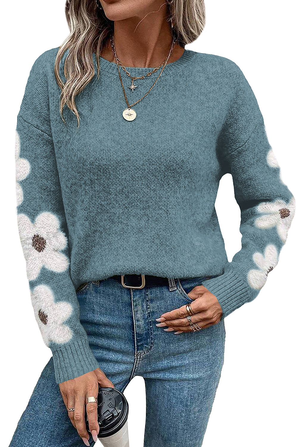 Flower Sleeve Drop Shoulder Sweater