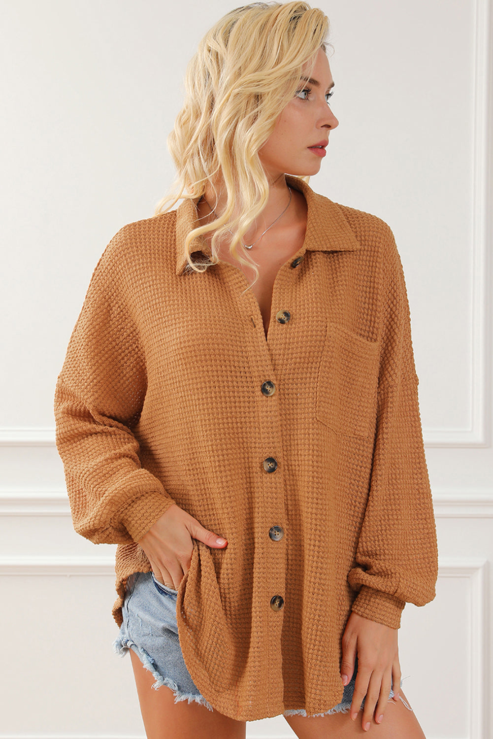 Plus Size Chest Pocket Waffle Knit Shirt