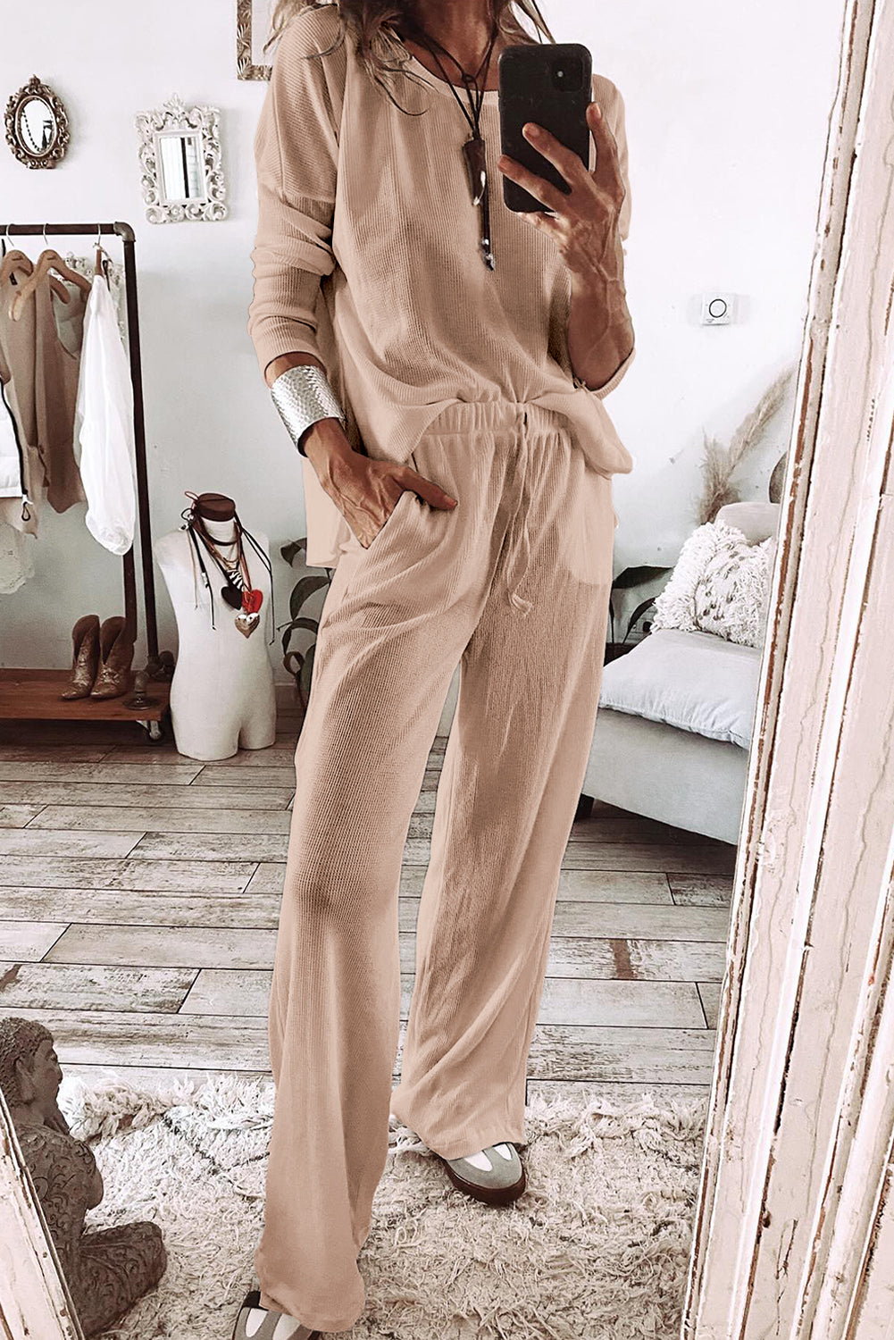 Textured Long Sleeve Top and Pants Lounge Set