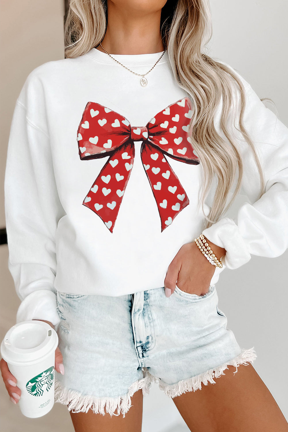 White Heart Bow Printed Round Neck Valentines Pullover Sweatshirt