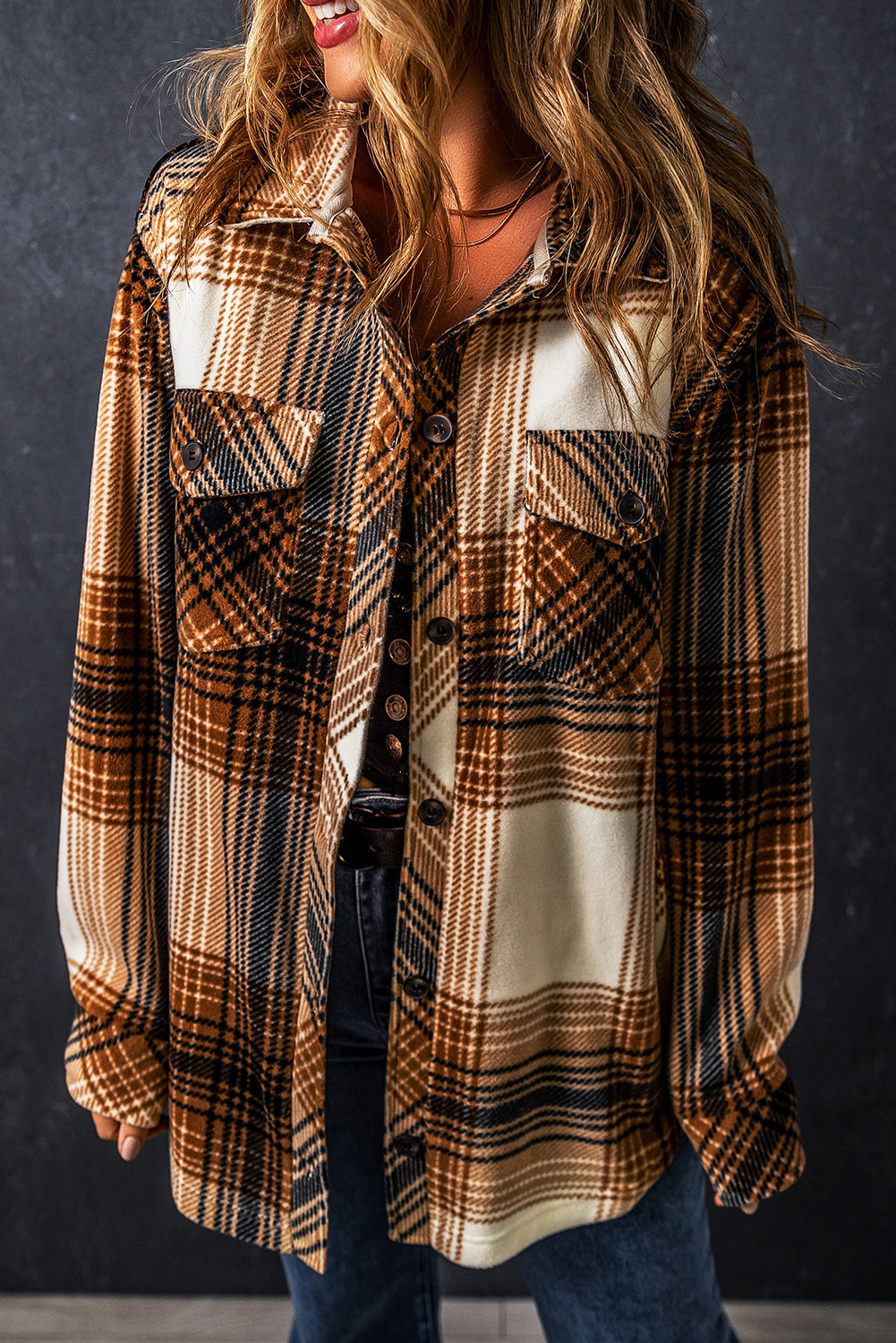 Plaid Print Flap Pocket Button Up Shacket