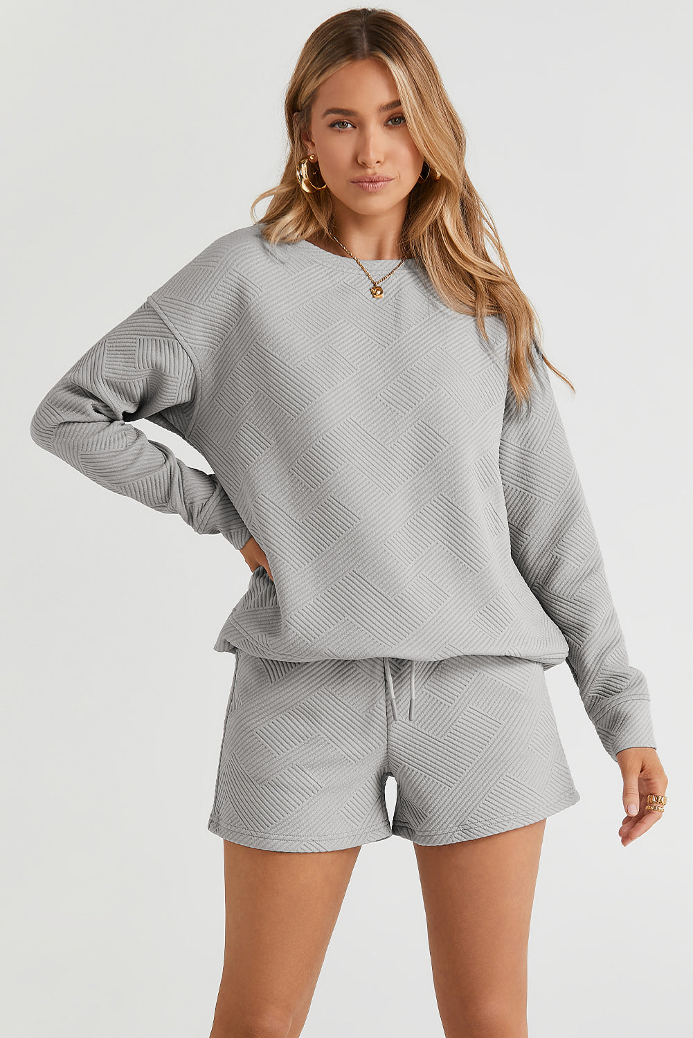 White Textured Long Sleeve Top and Drawstring Shorts Set