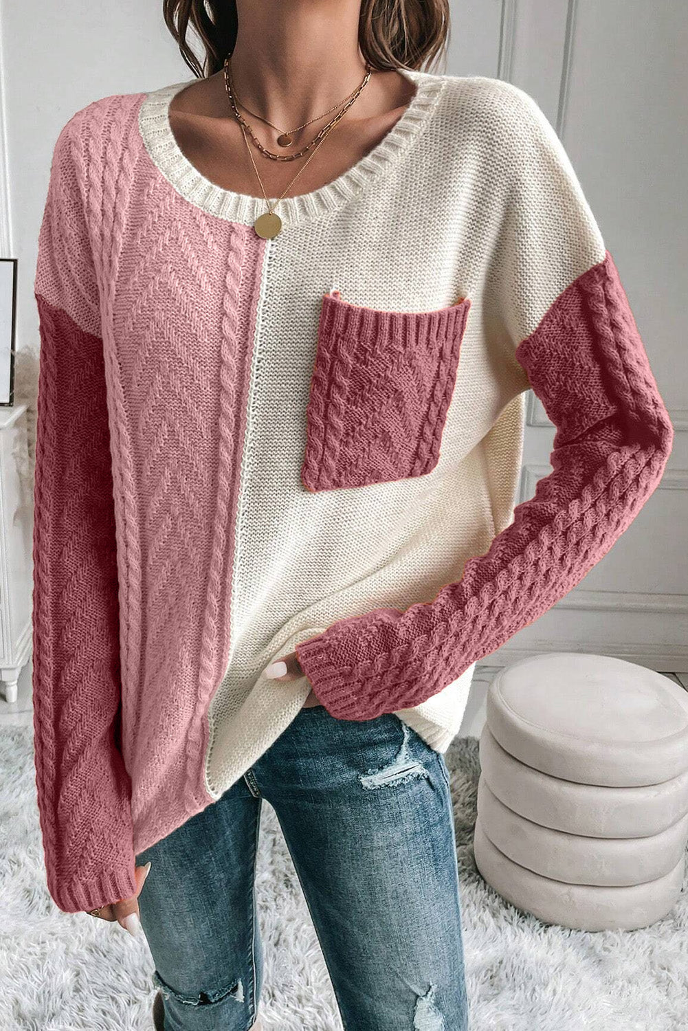 Colorblock Pocket Drop Shoulder Sweater