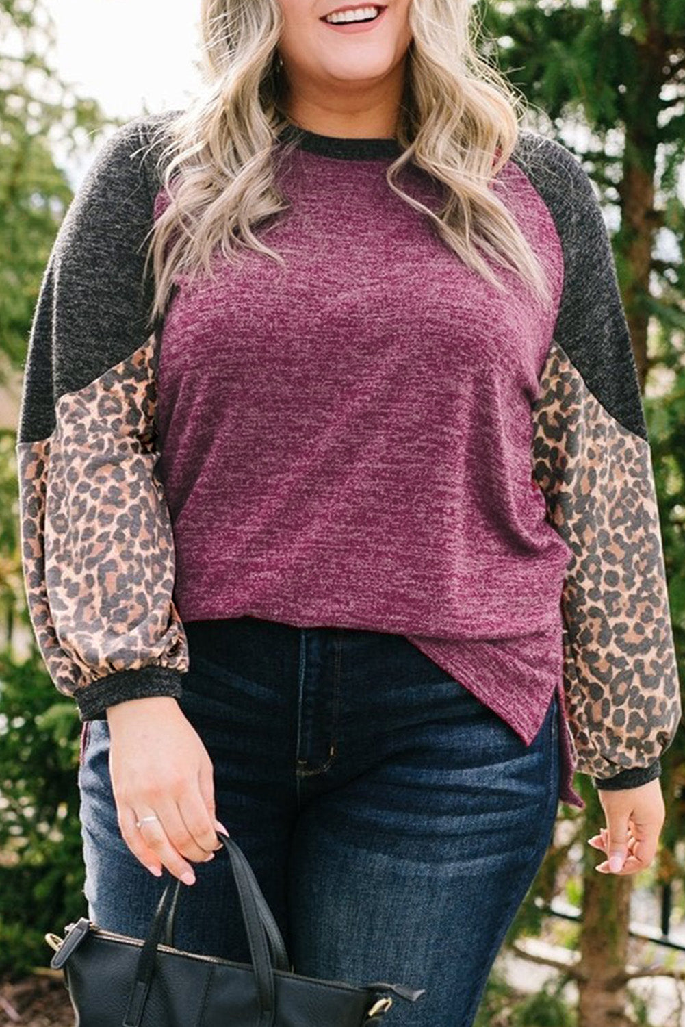 Multicolor Leopard Colorblock Long Sleeve Plus Size Top