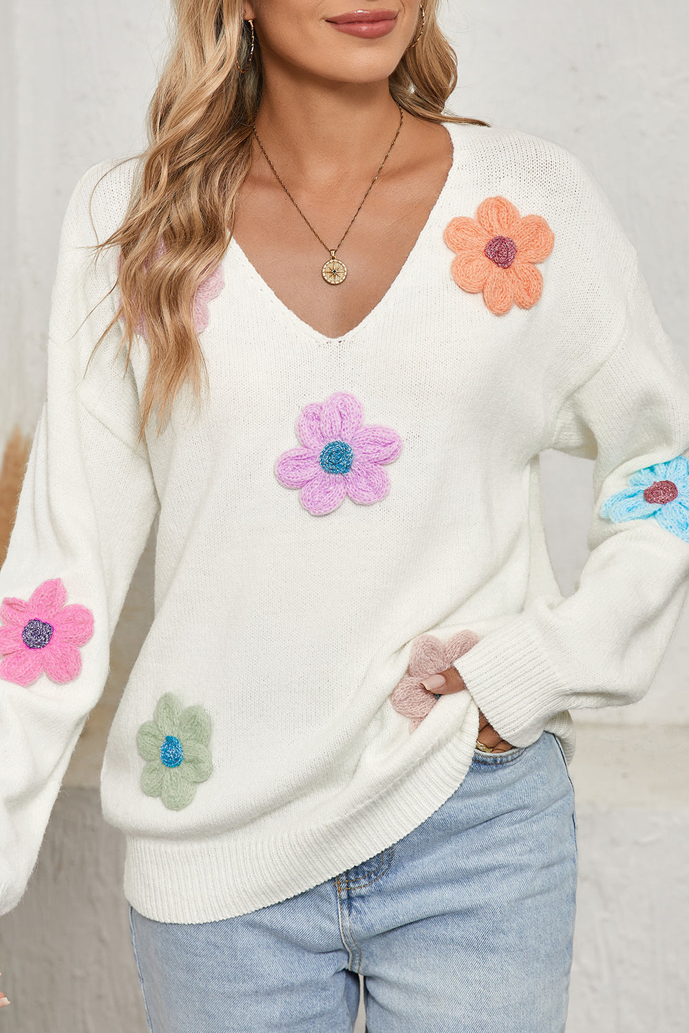 60s Vintage Flower Pattern Fuzzy V Neck Sweater