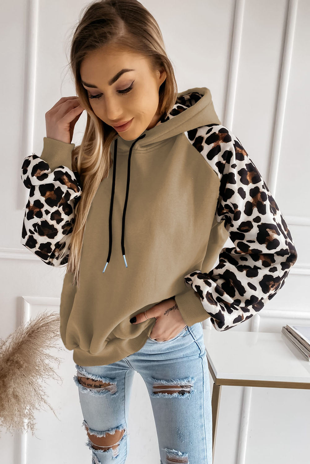 Khaki Leopard Bishop Sleeve Drawstring Hoodie