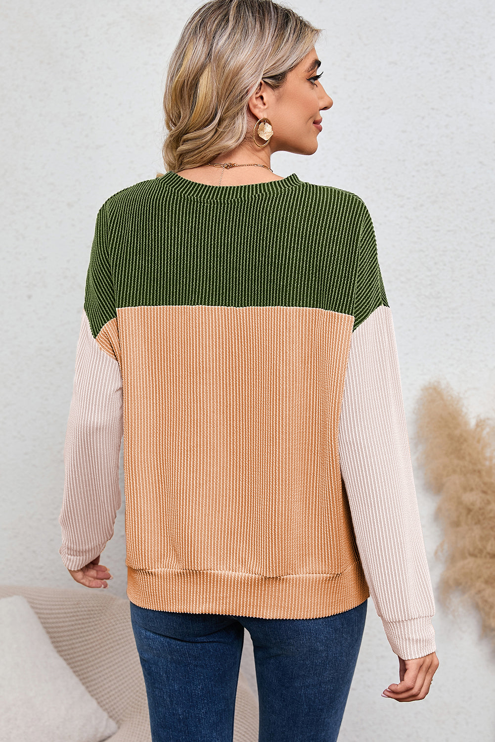 Ribbed Color Block Long Sleeve Top