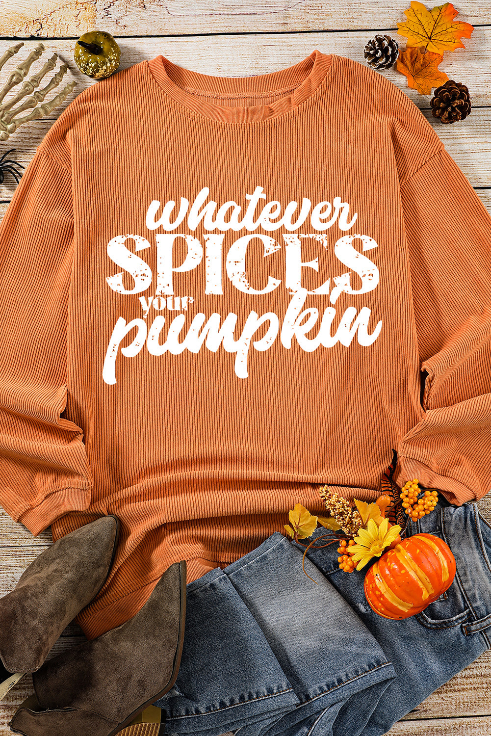 Crinkle Rib Whatever Spices Your Pumpkin Graphic Sweatshirt